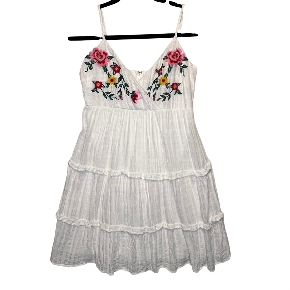 Gauzy White Floral Embroidered Tiered Ruffle‎ Mini Dress XXS Spring Summer